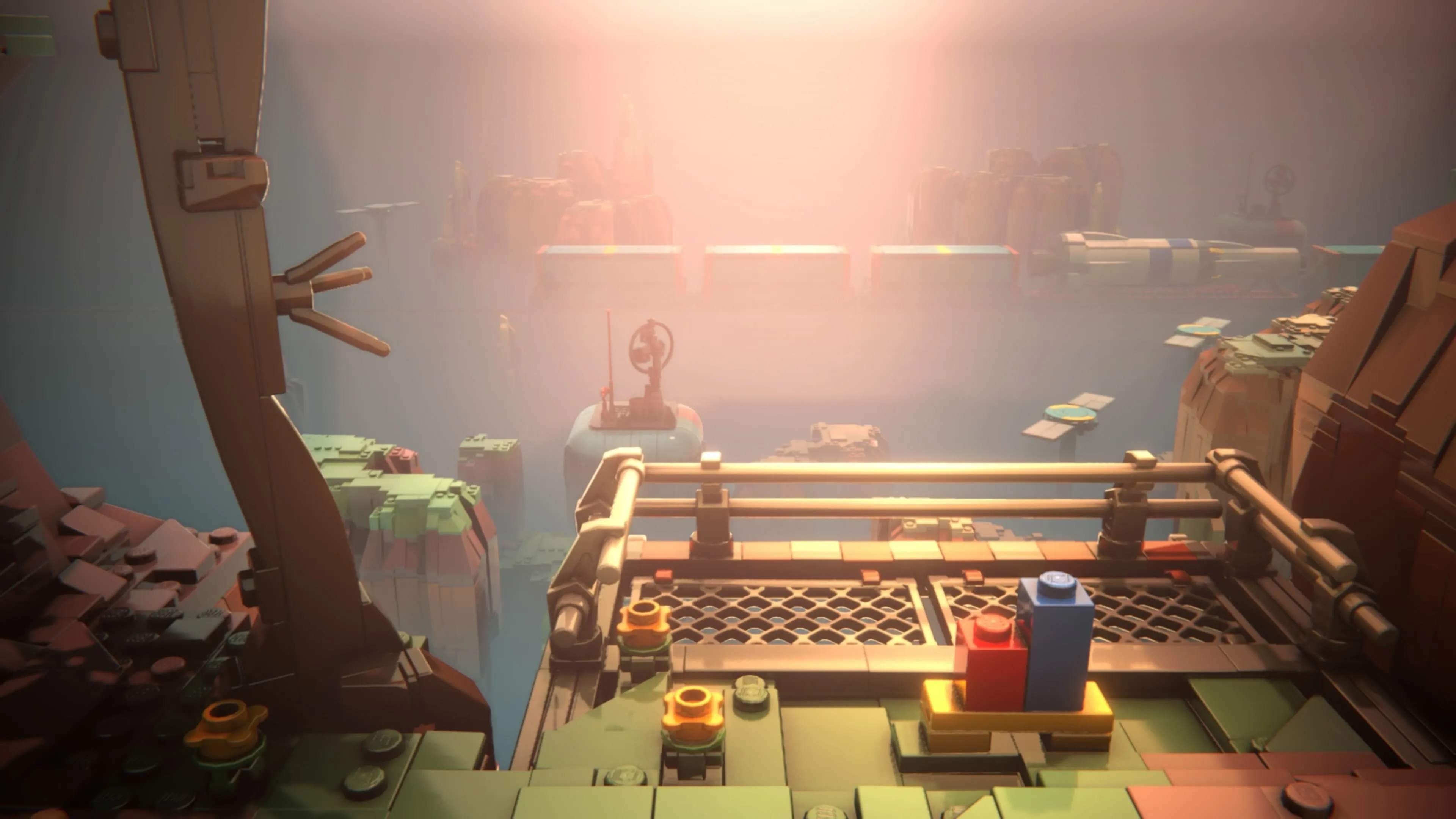 LEGO Voyagers: Hai nhân vật Red và Blue đang ngồi trên một chiếc ghế dài màu xanh, nhìn ra khung cảnh nơi một con tàu tên lửa LEGO có thể chạy qua