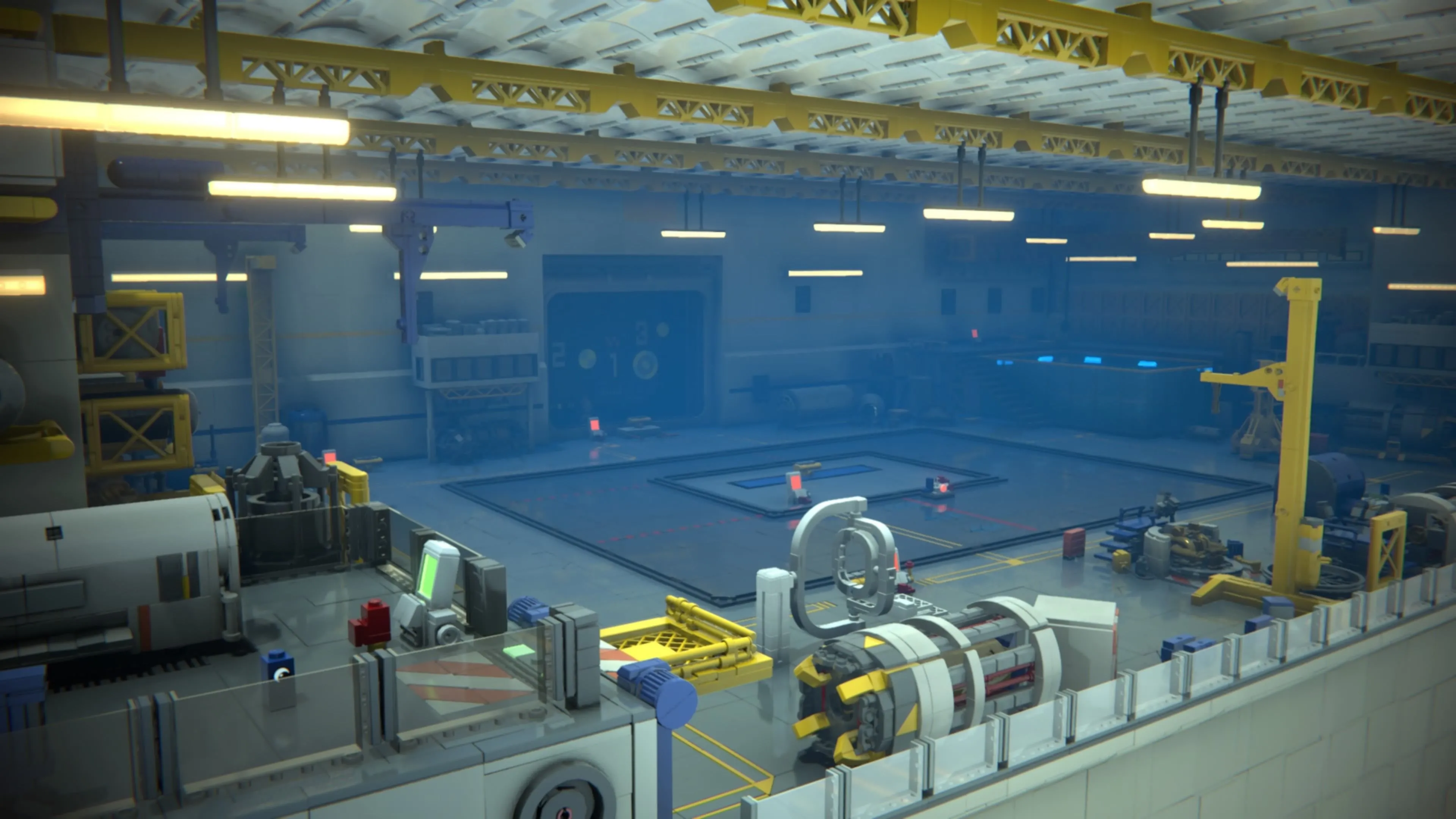 LEGO Voyagers: Hai nhân vật Red và Blue đang ở trong một phòng huấn luyện phi hành gia rộng lớn, với Blue ngồi ở một thiết bị đầu cuối và Red đứng gần đó