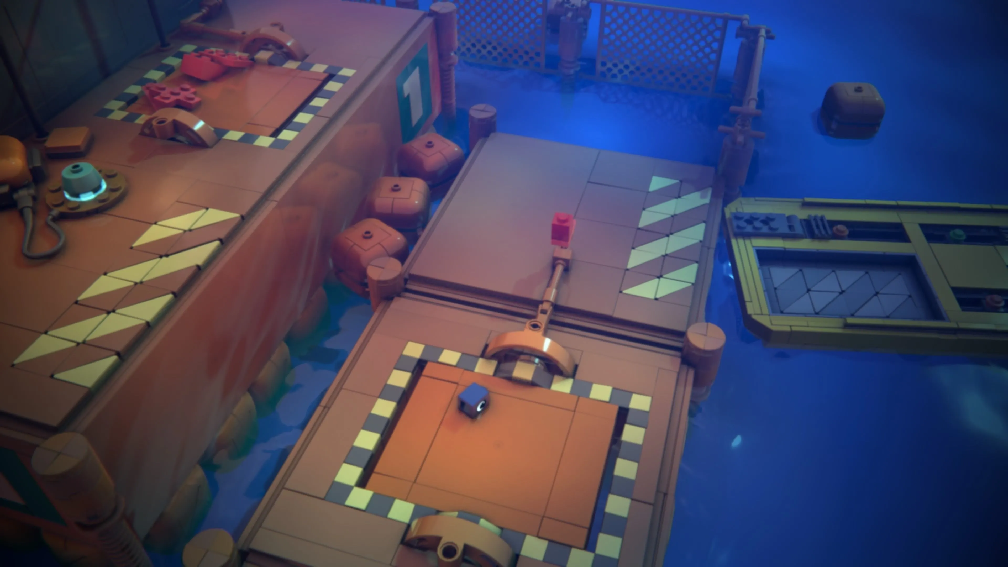 LEGO Voyagers: Hai nhân vật Red và Blue đang phối hợp tại một khu vực có nhiều cầu chì LEGO, một nhân vật đang giữ cầu chì và người kia đang đứng trên tấm ván lật