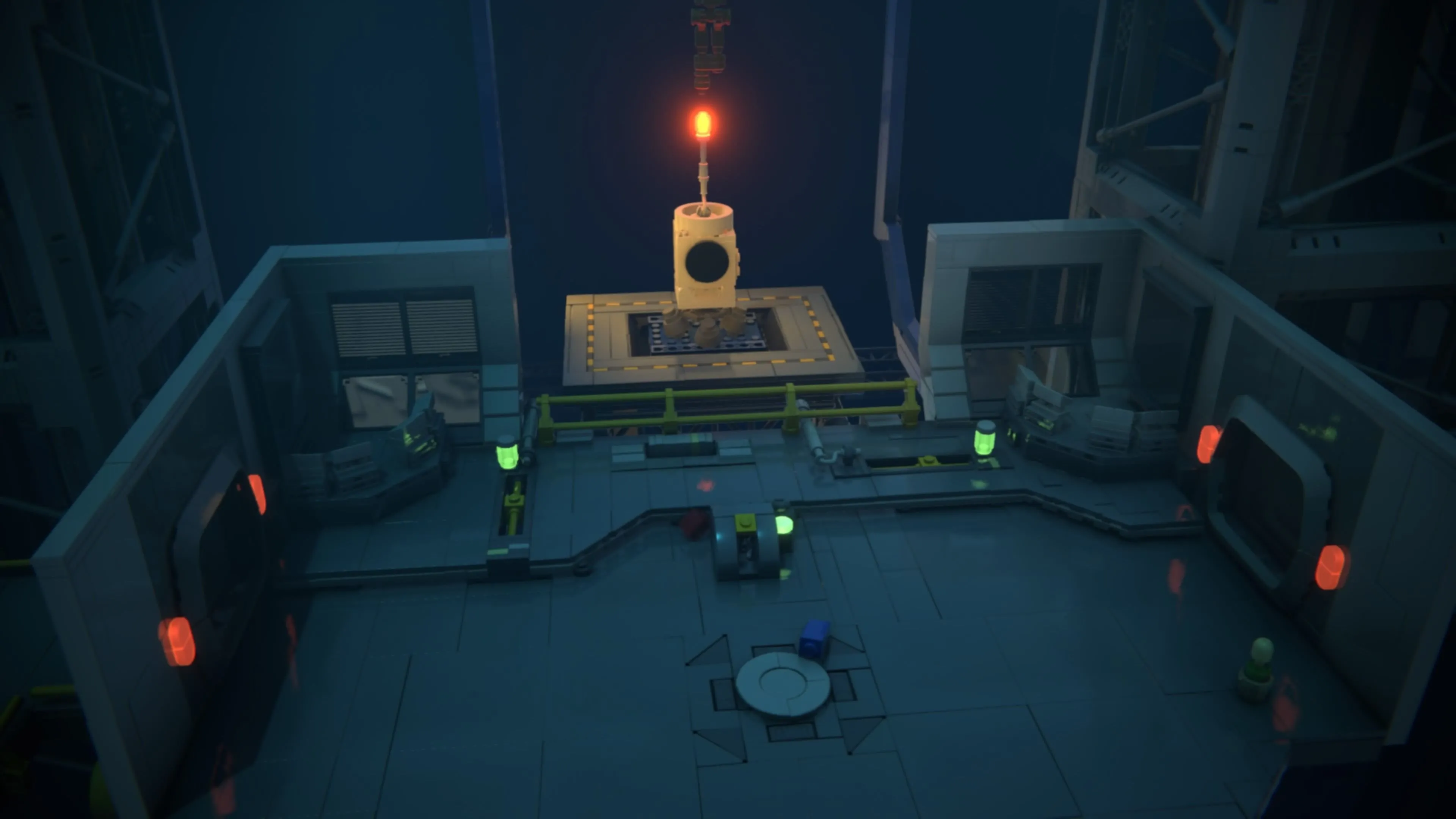 LEGO Voyagers: Hai nhân vật Red và Blue đang thao tác với ba thanh trượt trên bảng điều khiển trong buồng lái một con tàu vũ trụ, các thanh trượt hiển thị đèn đỏ