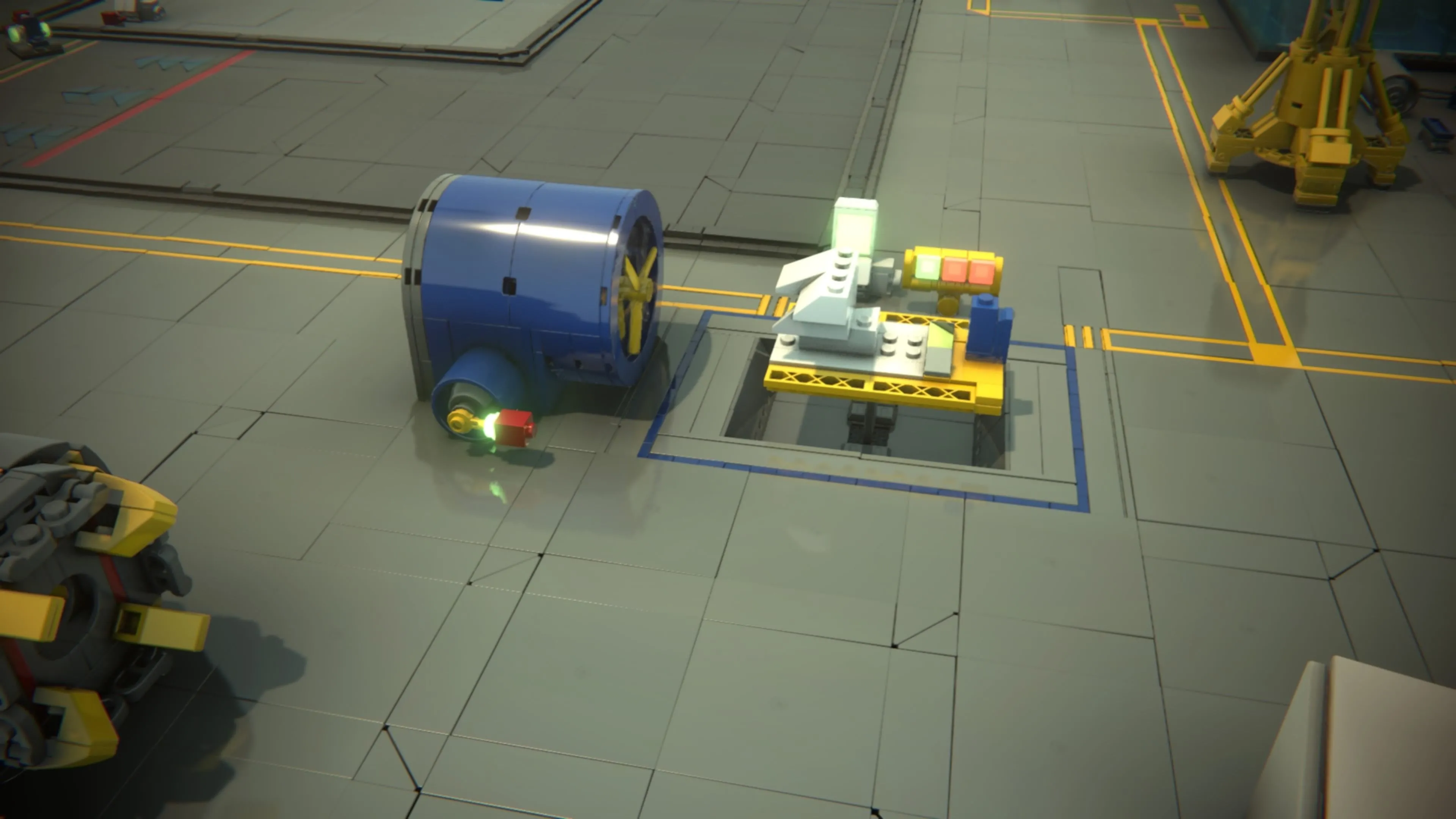 LEGO Voyagers: Hai nhân vật Red và Blue đang xây dựng một cấu trúc từ các khối LEGO trước một tuabin gió lớn, nhằm che chắn gió trong bài kiểm tra khí động học