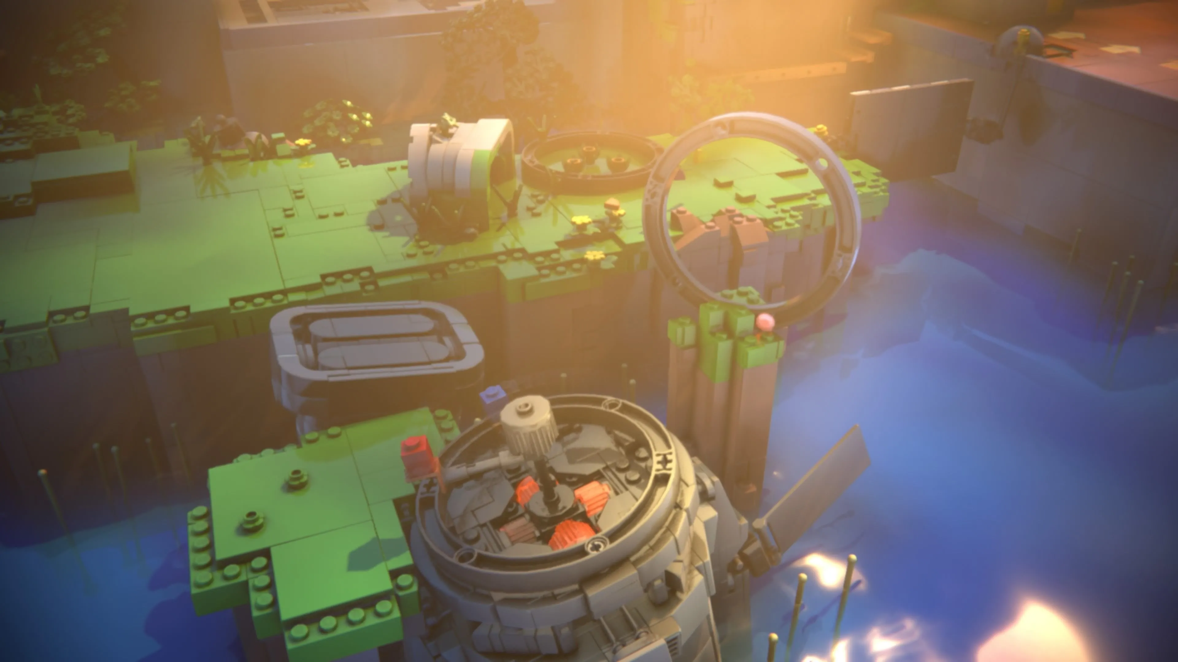 LEGO Voyagers: Một nhân vật đang bay xuyên qua một vòng tròn màu xám lớn, được phóng từ một thiết bị xoay