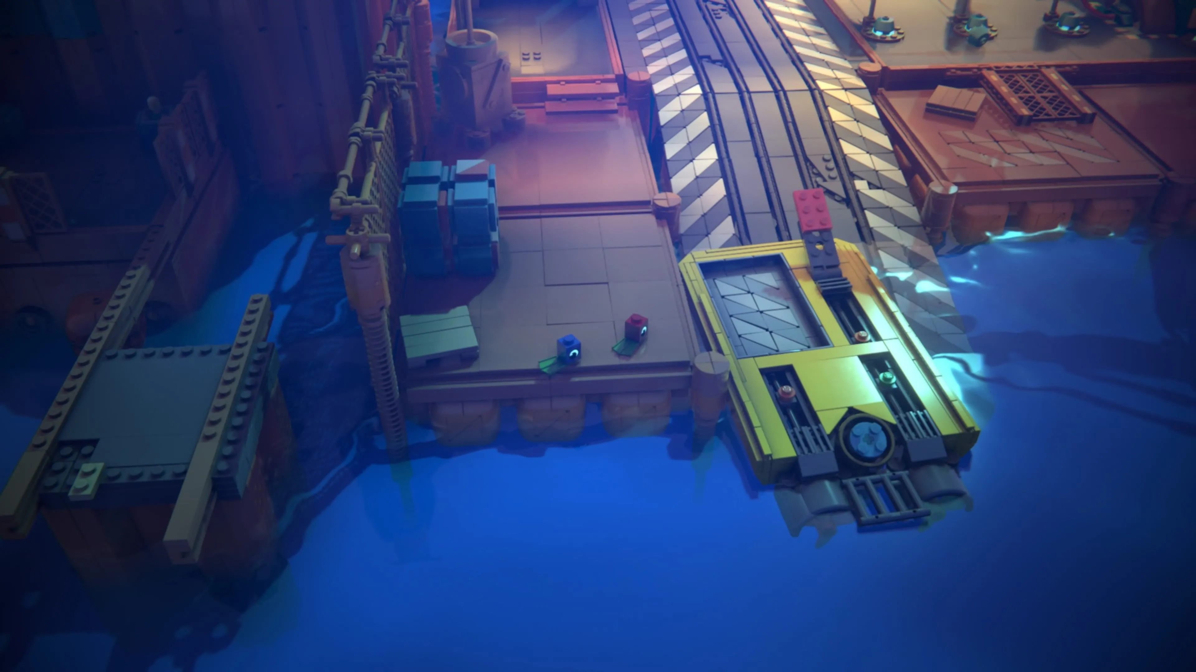 LEGO Voyagers: Một nhân vật đang đeo chân vịt màu vàng và chuẩn bị nhảy xuống nước trong một khu vực đầy những khối LEGO nổi