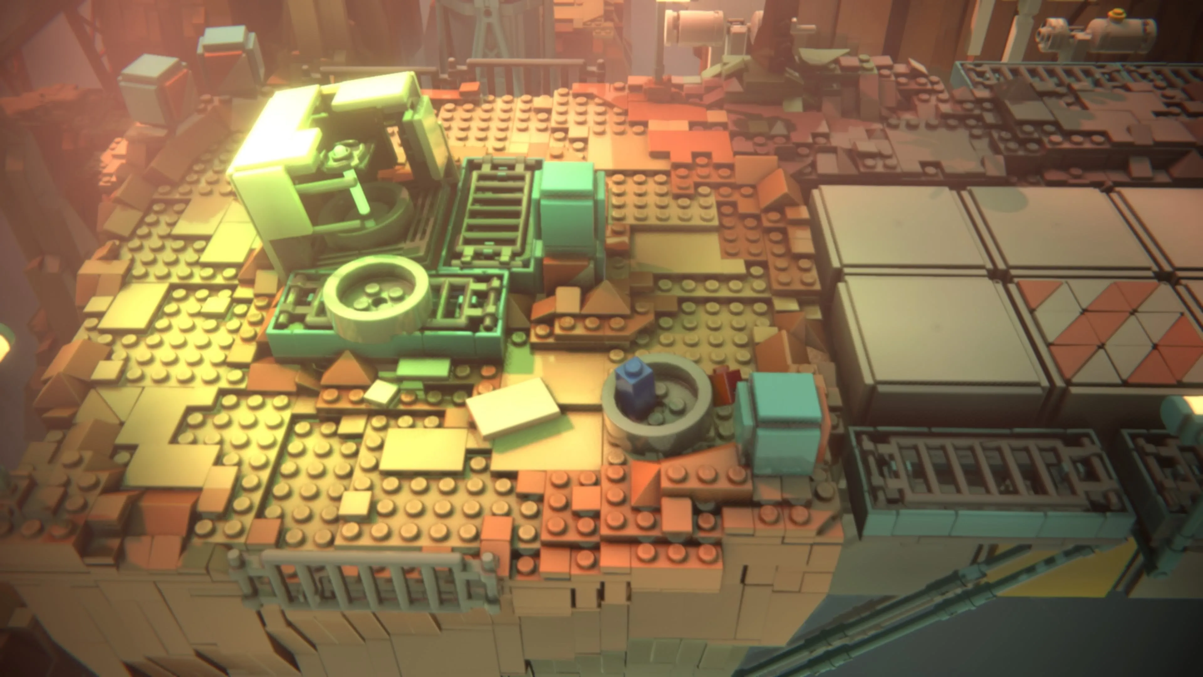 LEGO Voyagers: Một nhân vật đang gắn vào một chiếc bánh xe màu xám lớn, lăn quanh trong một khu vực đầy bùn và các mảnh LEGO đổ nát