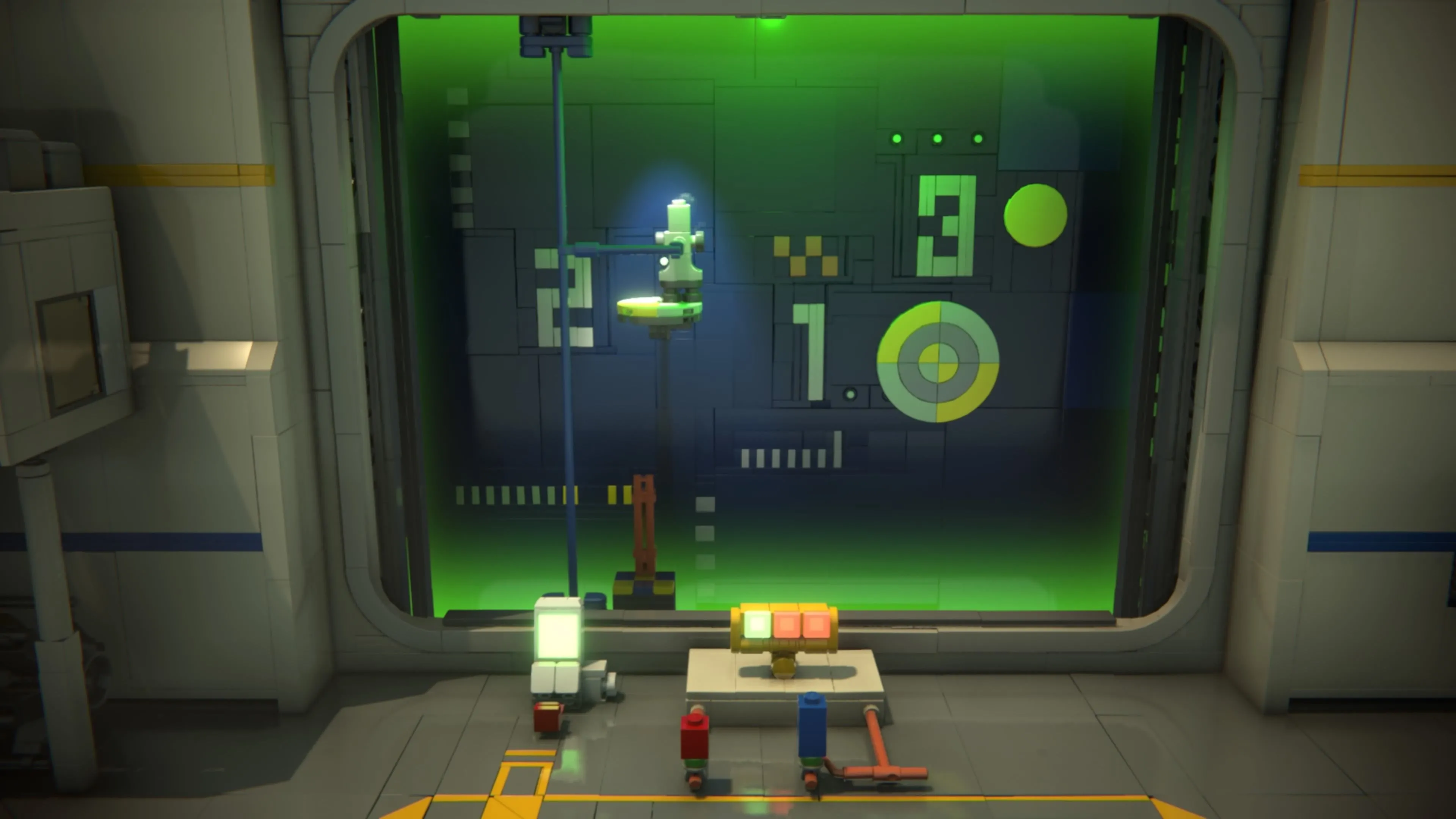 LEGO Voyagers: Một tên lửa mini đang lượn lờ phía trên một nền tảng hạ cánh nhỏ hơn, yêu cầu độ chính xác cao hơn trong thử thách hạ cánh