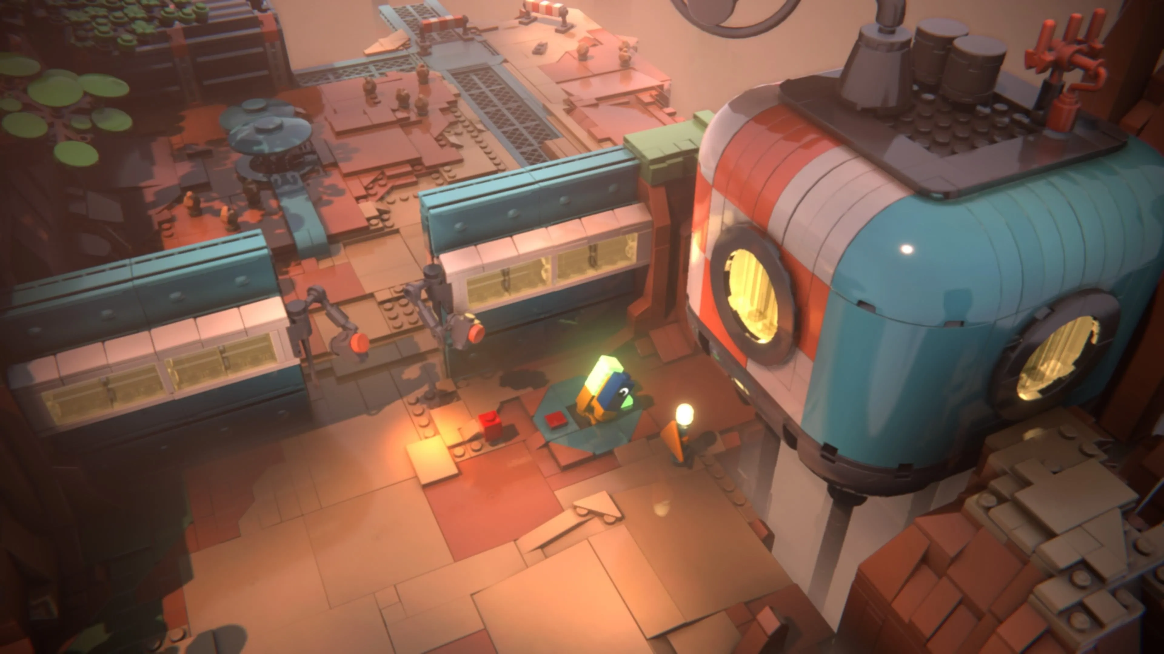 LEGO Voyagers: Nhân vật Blue đang ngồi trên một chiếc ghế điều khiển lớn, đối diện với một cánh cổng đóng kín với hai camera an ninh