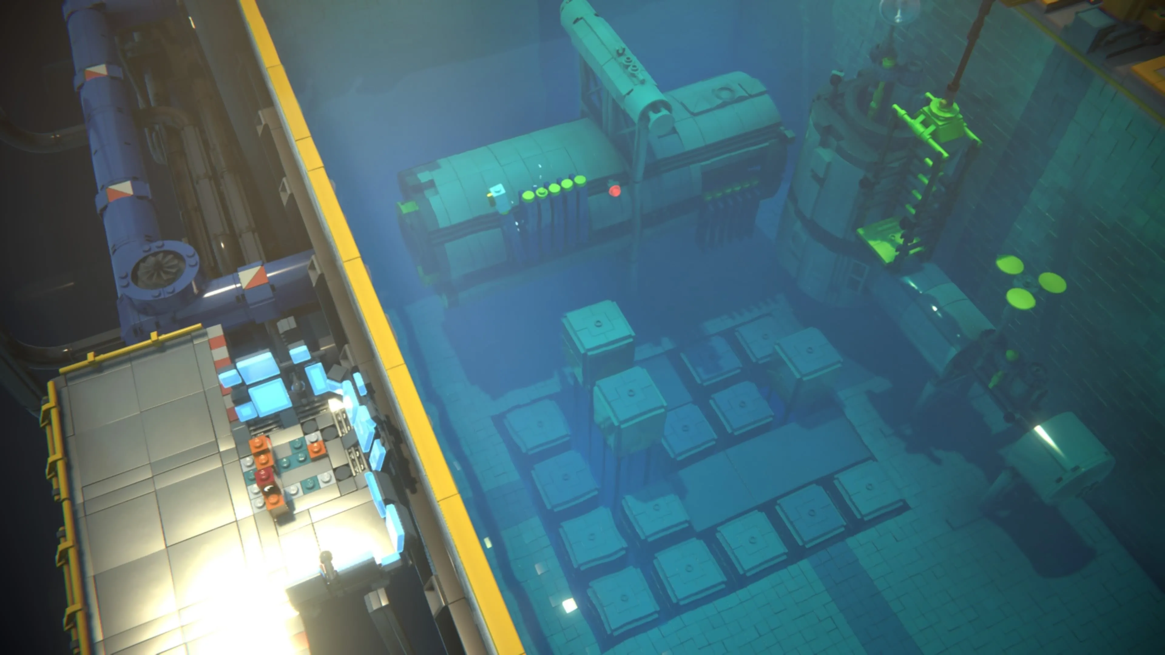 LEGO Voyagers: Nhân vật Blue đang nhảy giữa các khối LEGO nổi trong một môi trường nước, trong khi Red điều khiển các khối cam từ xa để tạo đường đi cho Blue