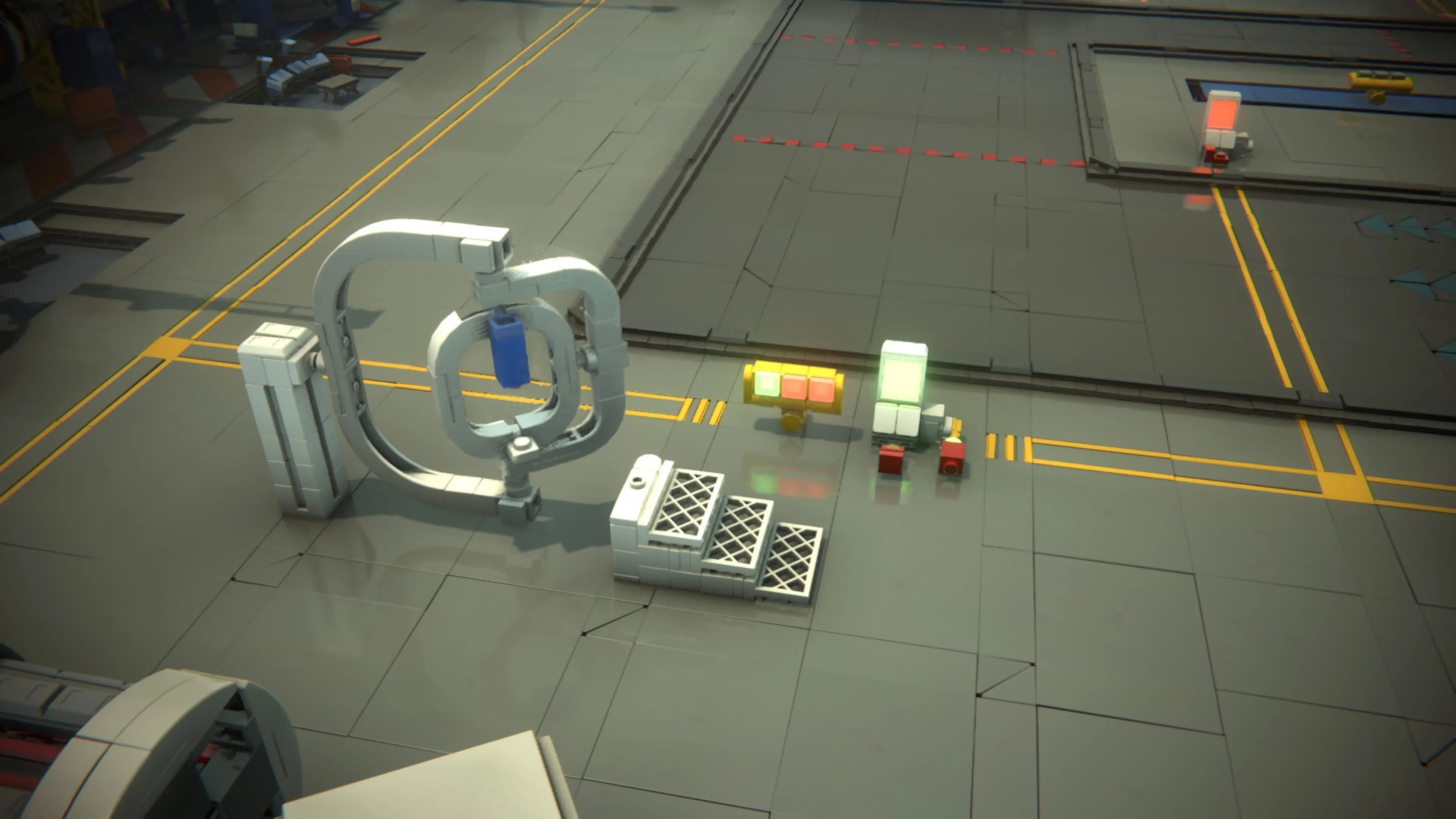 LEGO Voyagers: Nhân vật Blue đang ở bên trong một cỗ máy huấn luyện đa trục, với Red điều khiển bảng điều khiển bên ngoài, sẵn sàng kích hoạt thiết bị