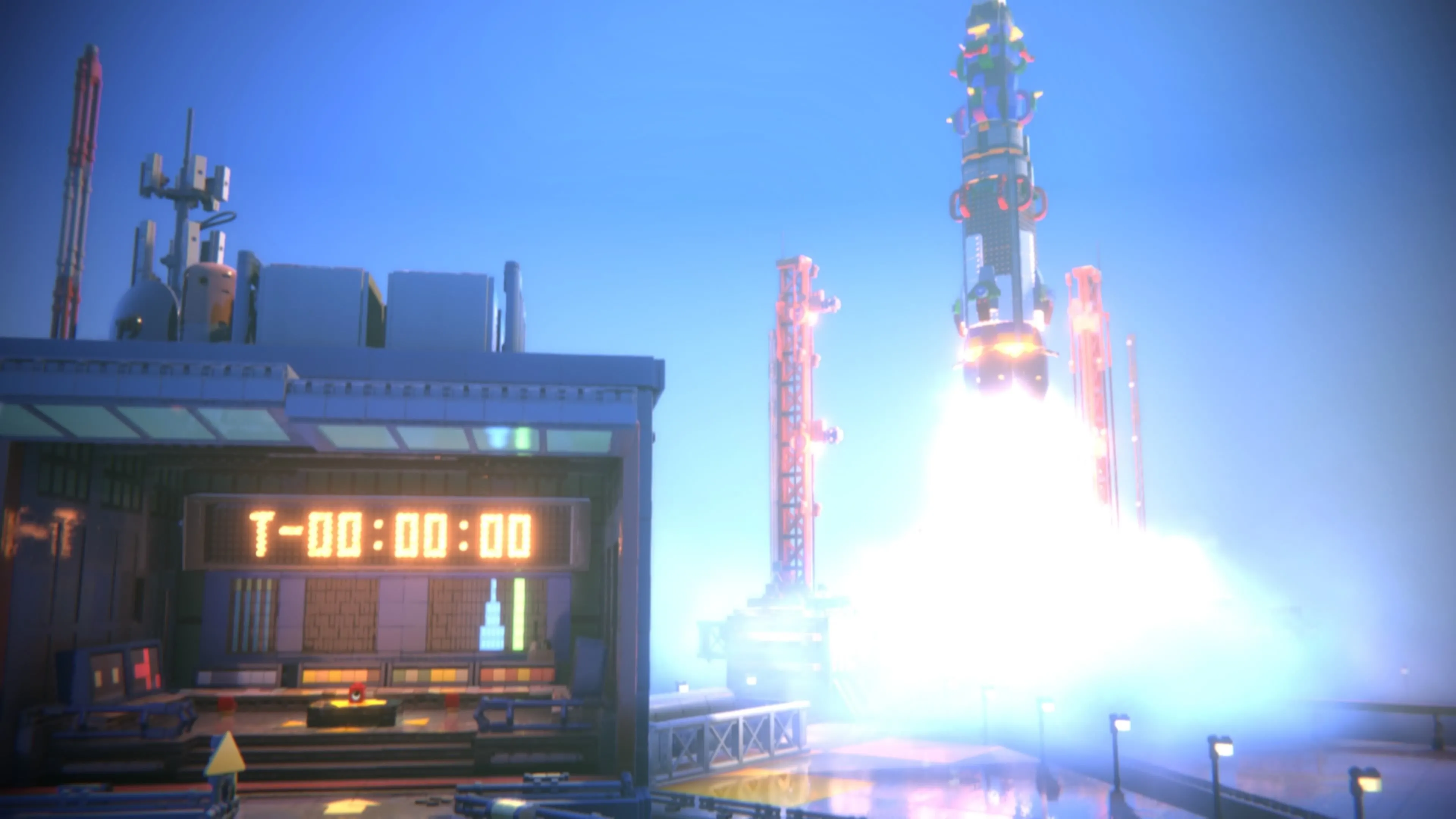 LEGO Voyagers: Nhân vật Red đang nhấn một nút lớn màu đỏ trên bảng điều khiển phức tạp, sẵn sàng phóng tên lửa được xây dựng cùng Blue