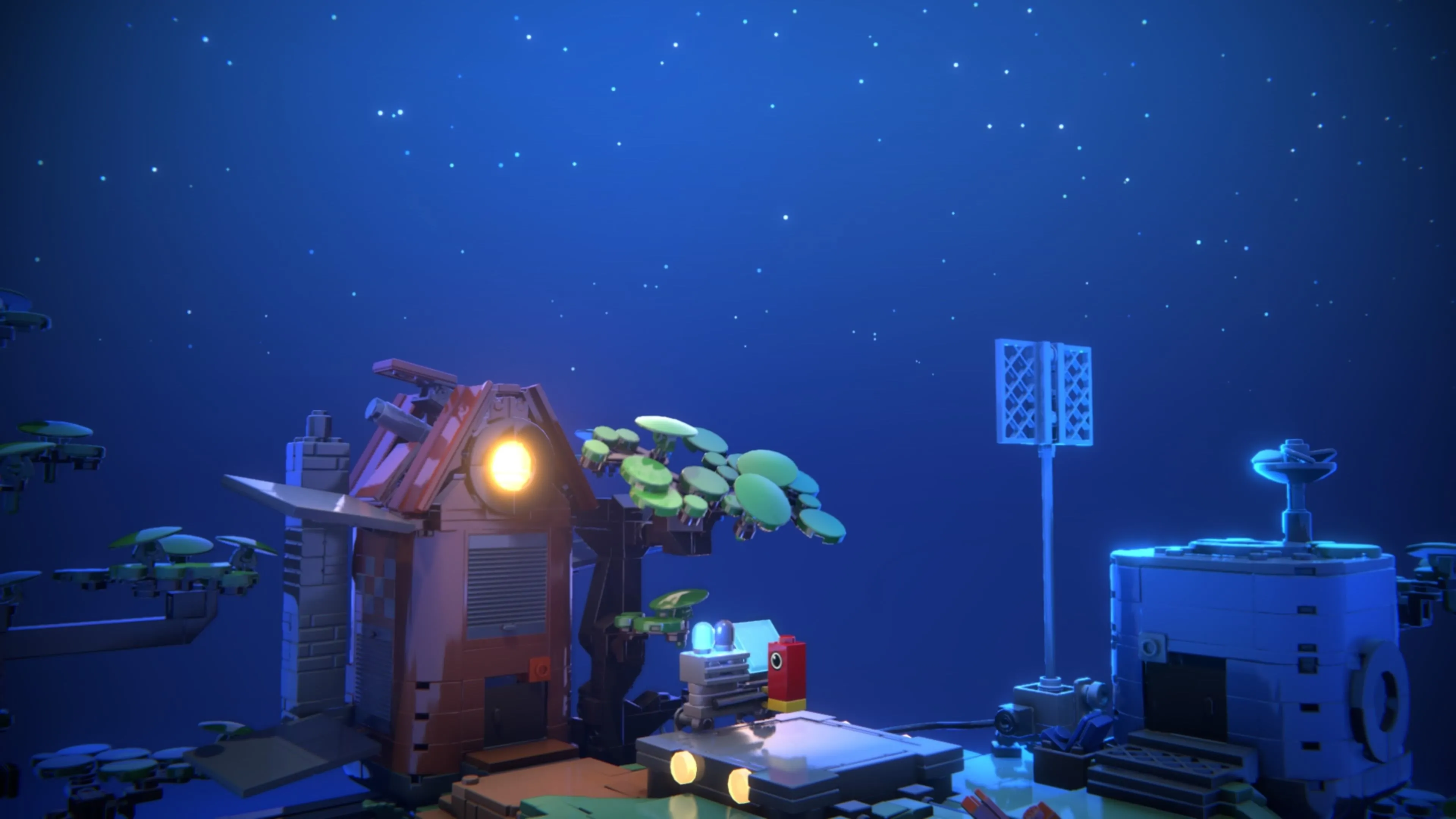 LEGO Voyagers: Nhân vật Red giờ đã trưởng thành, đứng bên một đài phát thanh trên đảo, vẫy tay về phía con tàu của Blue đang bay trên bầu trời đầy sao