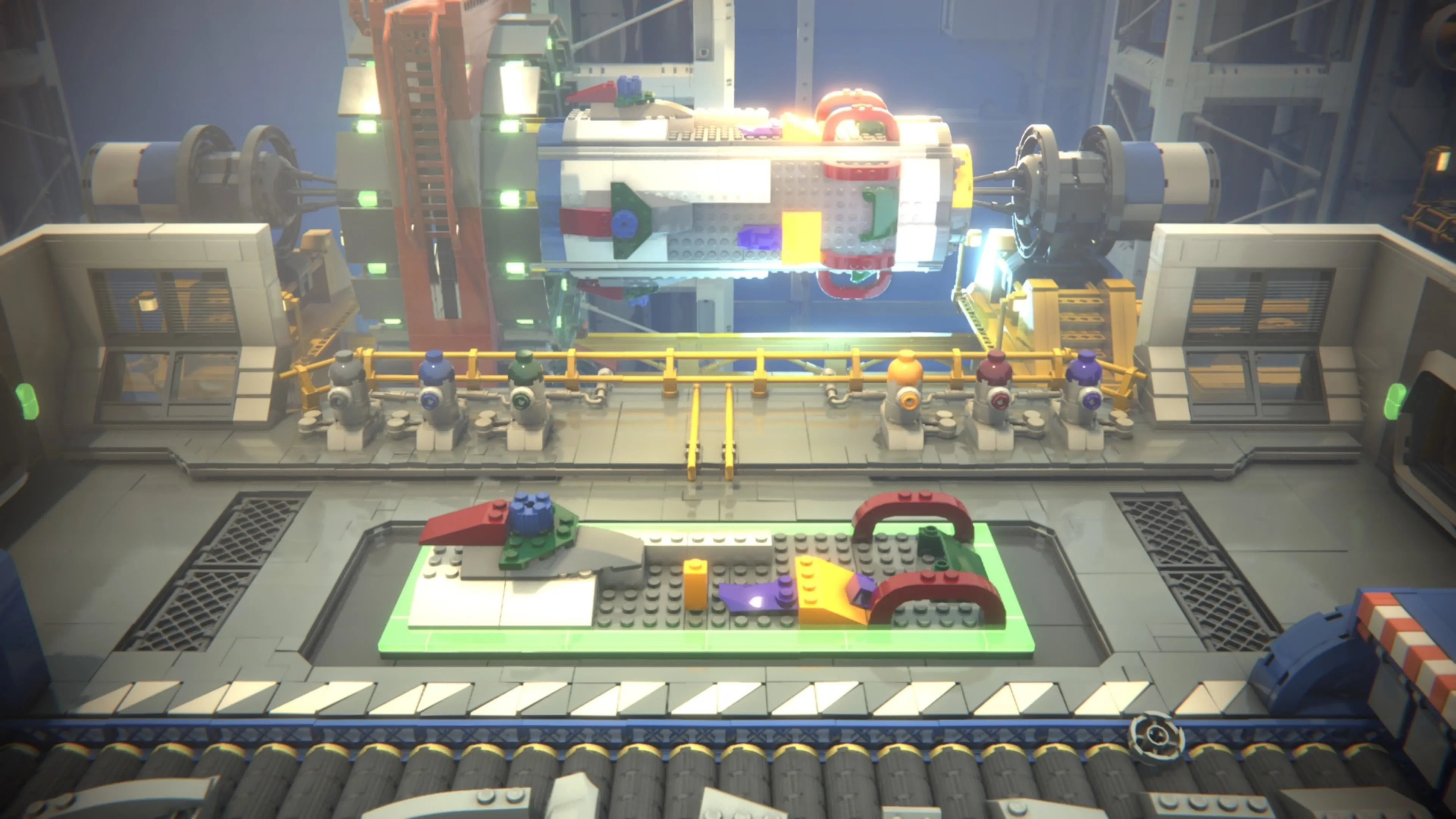 LEGO Voyagers: Phần đuôi của một tên lửa LEGO đang được tùy chỉnh, với sáu mảnh LEGO đầy màu sắc đã được gắn vào để hoàn thiện thiết kế