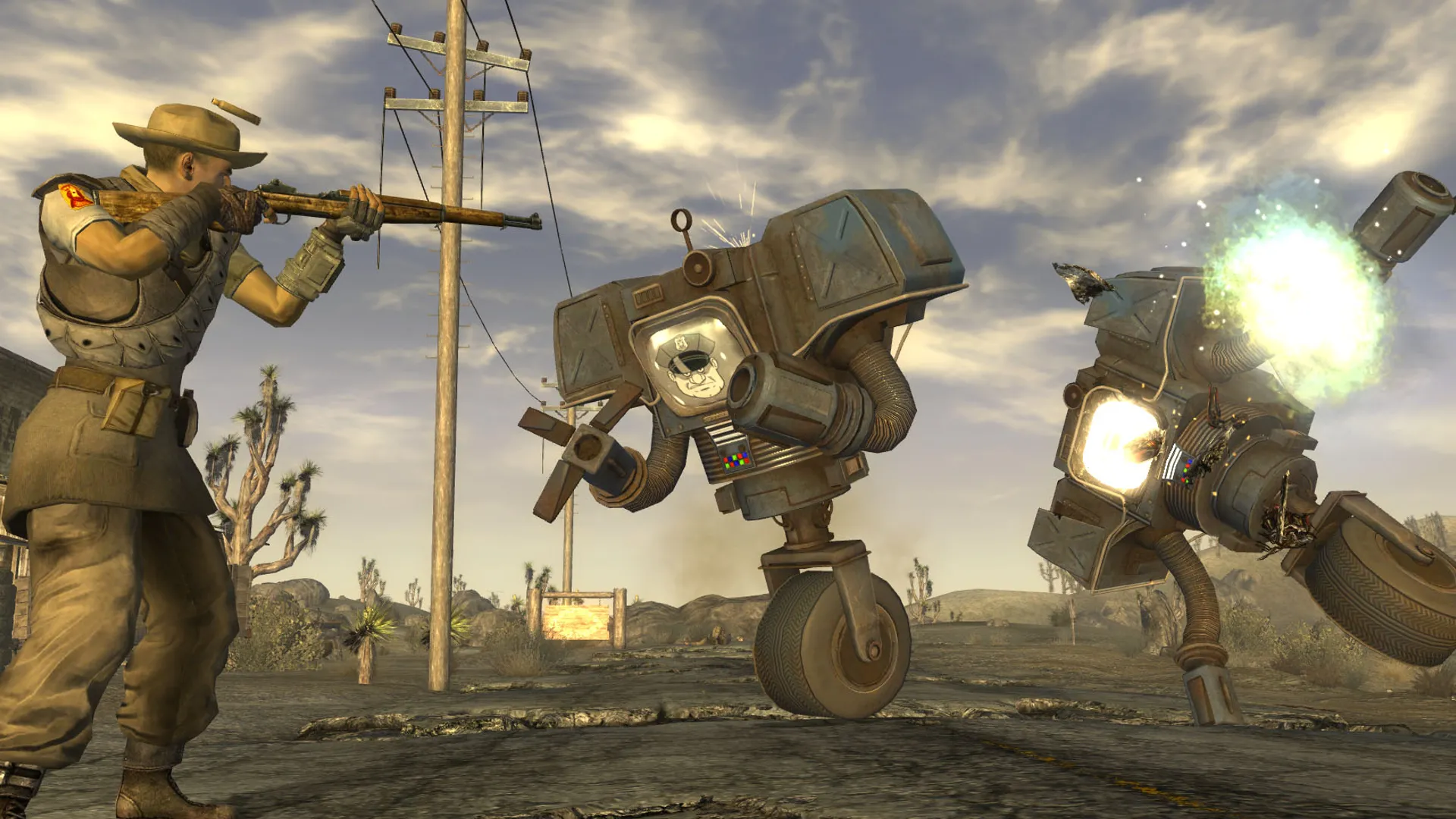 Nhân vật chính chiến đấu với robot Securitron ở dải đất New Vegas hoang tàn trong Fallout: New Vegas