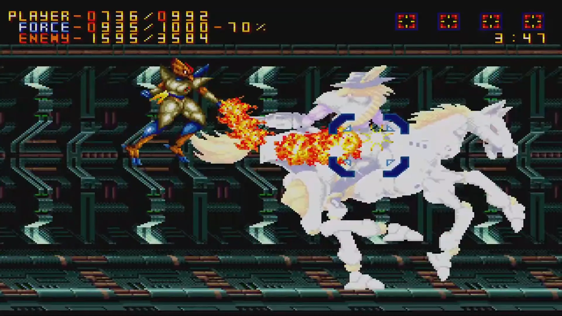 Nhân vật chính Epsilon Eagle giao tranh với trùm Wolfgunblood trong Alien Soldier