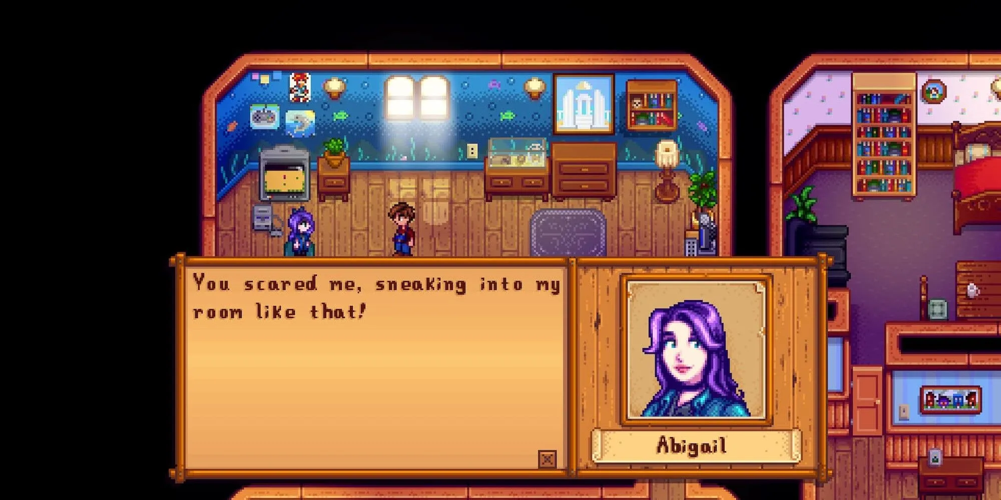 Nhân vật chính trò chuyện cùng Abigail bên cạnh cánh đồng hoa trong Stardew Valley