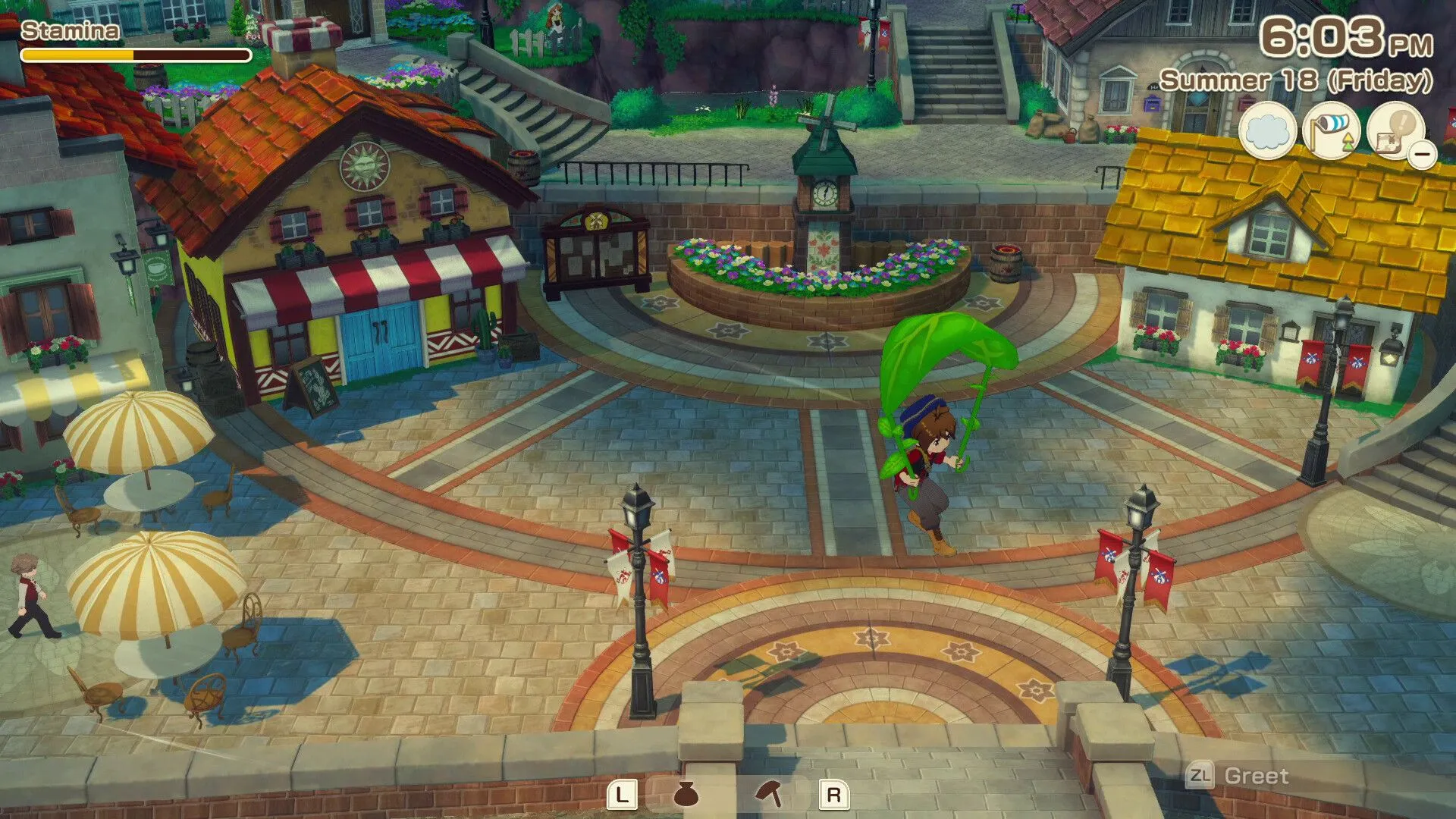 Nhân vật game đang tương tác với vật nuôi trong trang trại Story of Seasons Grand Bazaar, thể hiện gameplay chăn nuôi