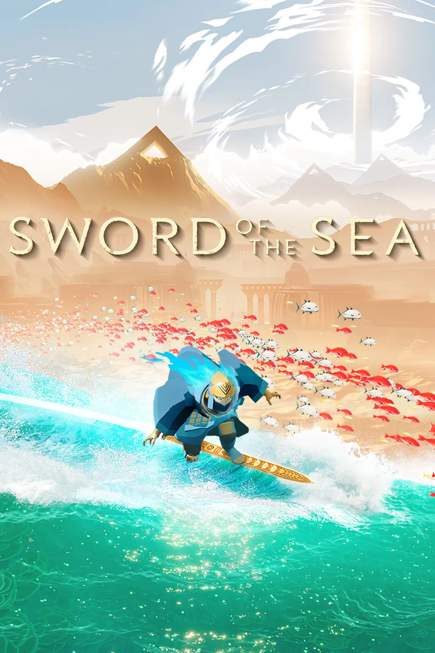 Poster game Sword of the Sea với nhân vật chính lướt ván trên biển cát huyền ảo.