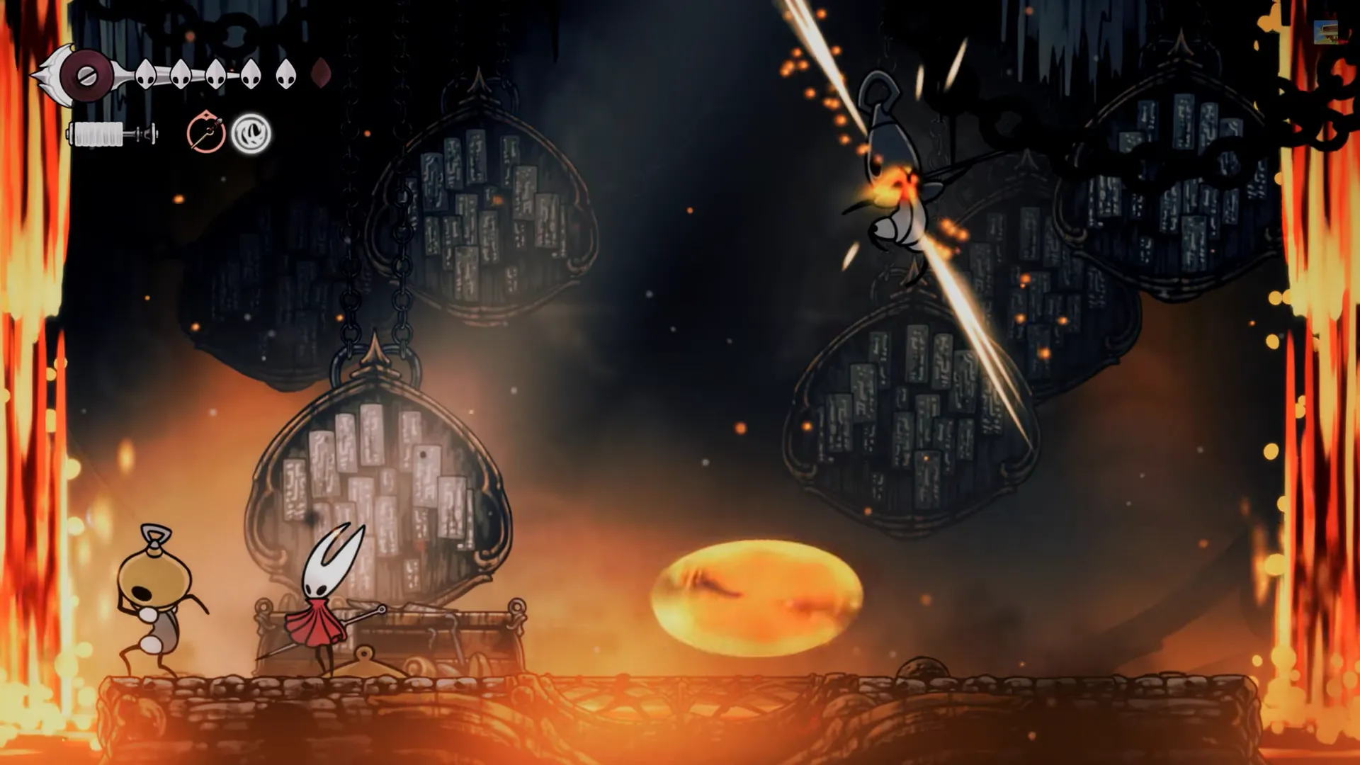 Trận đấu đôi Forebrothers Signis và Gron trong Hollow Knight Silksong với dung nham rơi.