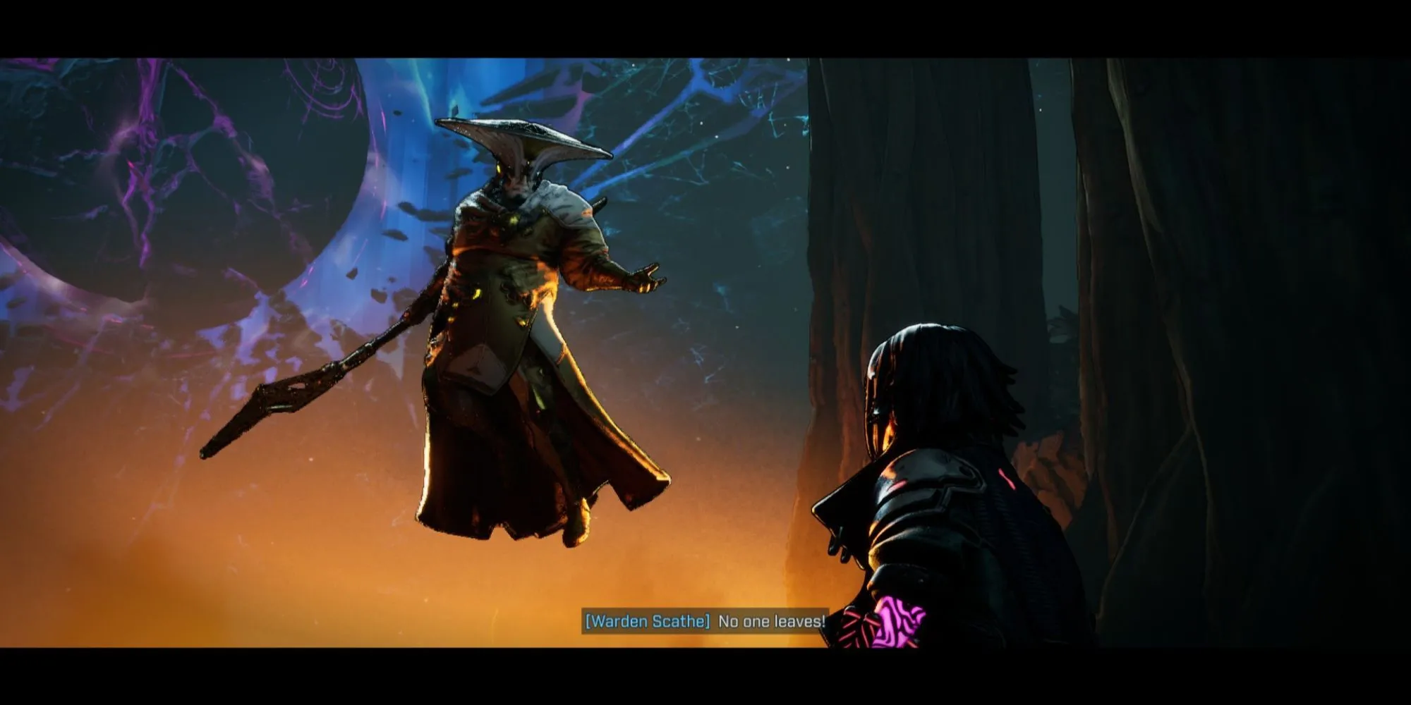 Vault Hunter đang lắng nghe một NPC trong một khoảnh khắc đối thoại hài hước và tinh tế của cốt truyện Borderlands 4.