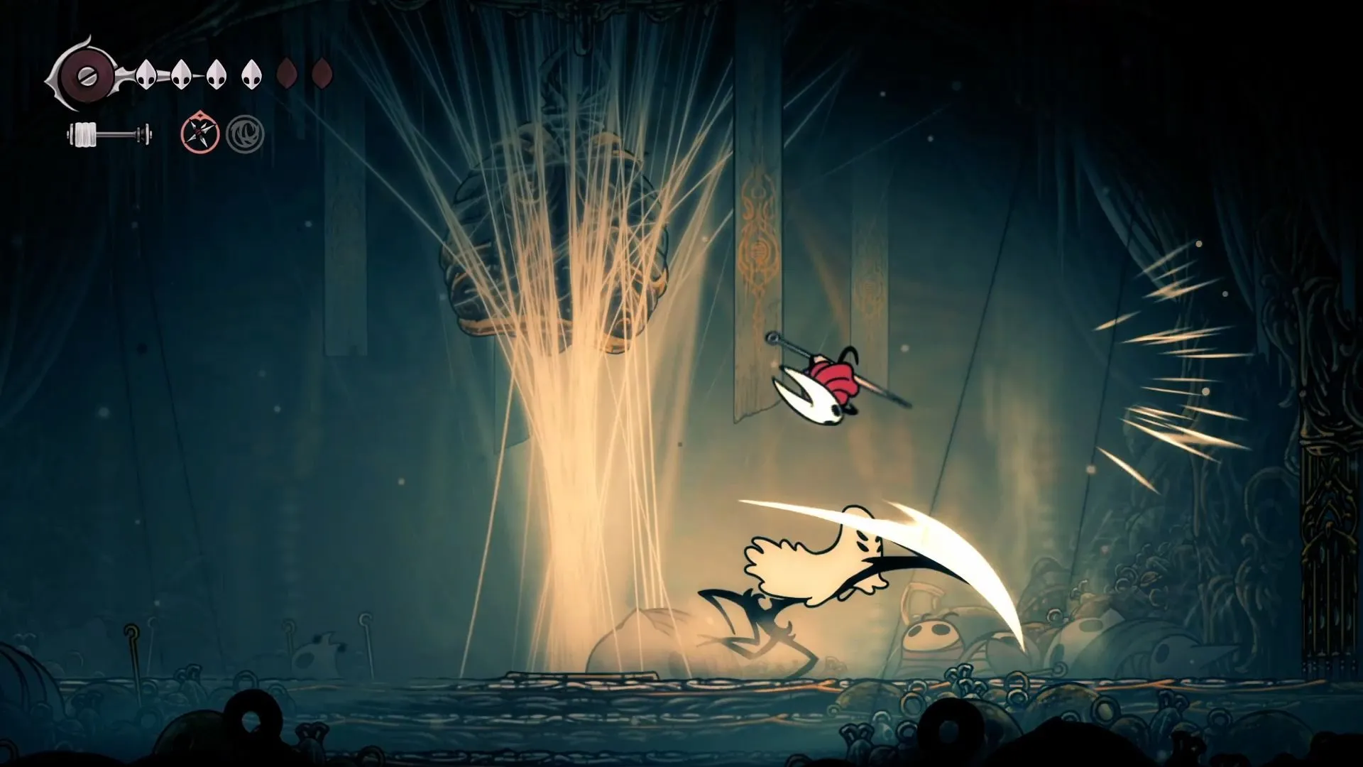 Widow lao tới tấn công trong Hollow Knight Silksong, đại diện cho nỗi kinh hoàng của Bellhart.